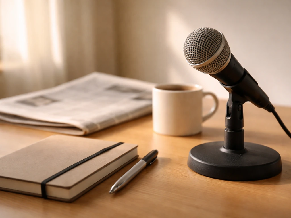 Microphone and writing tools on a desk with a softly blurred newspaper in the background