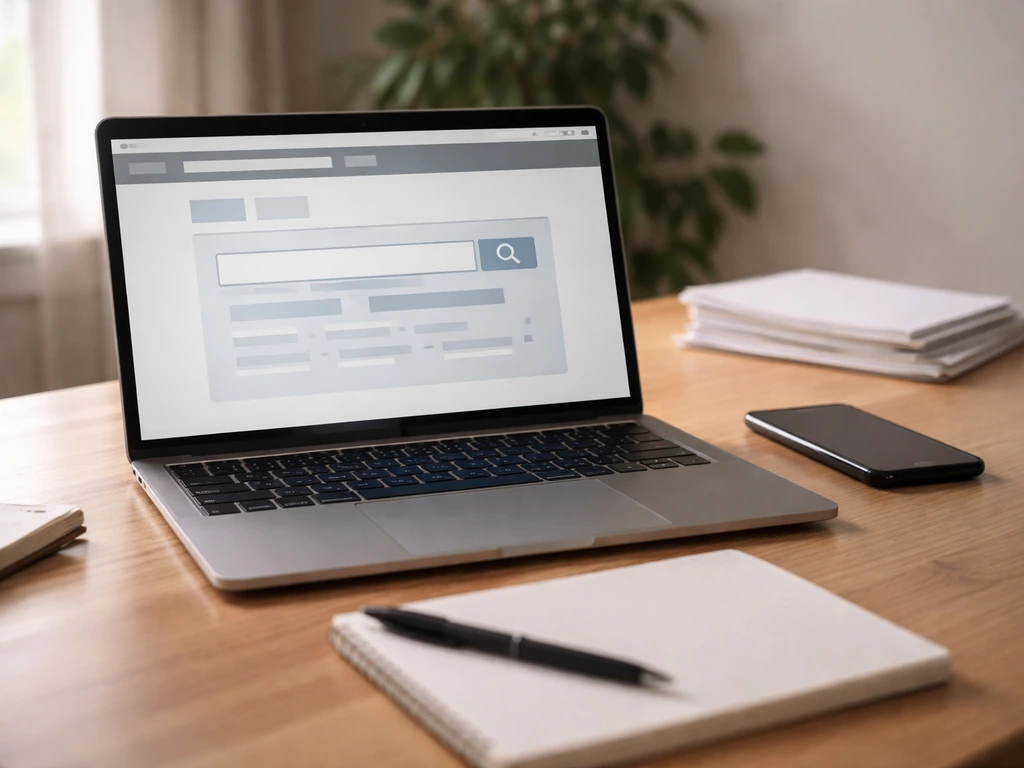Minimal photo of a laptop on a desk showing SEC-style search interface metaphor, for due-diligence cross-check
