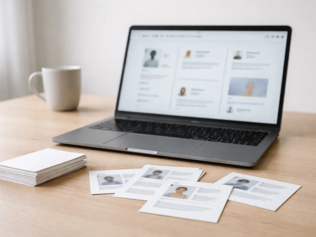 Minimal desk scene with scattered identity/profile cards and a laptop showing blurred social feeds, symbolizing name amb