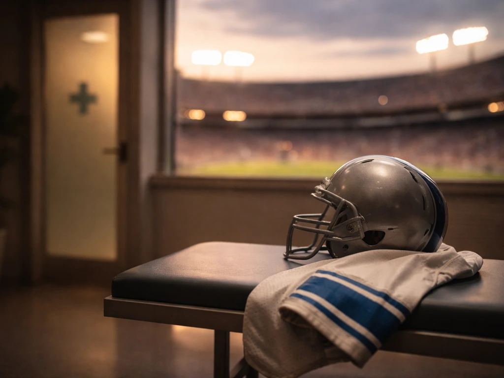 Vintage football gear beside a softly blurred healthcare office setting, symbolizing an NFL to healthcare transition.