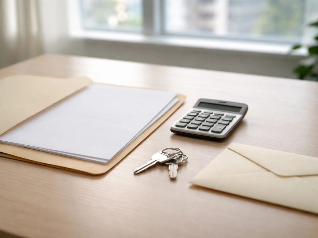 Minimal photo of a desk with a calculator, keys, and a folder suggesting assets minus liabilities
