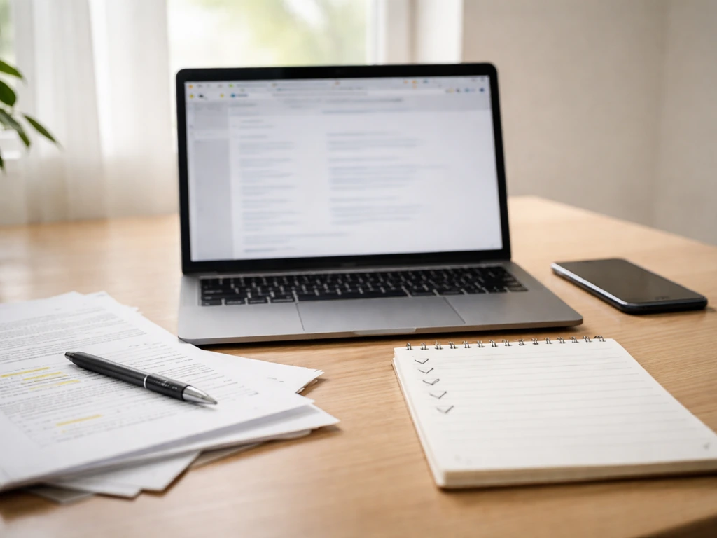 Minimal desk scene with an open laptop and blurred research tabs beside a blank checklist notepad.