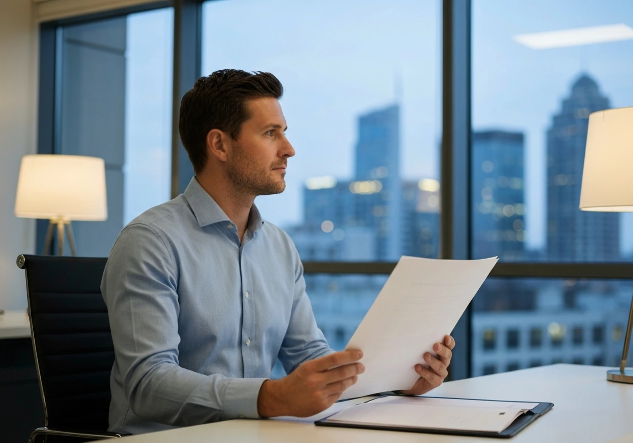 Anonymous real estate executive in a quiet office holding property documents near a window at dusk.