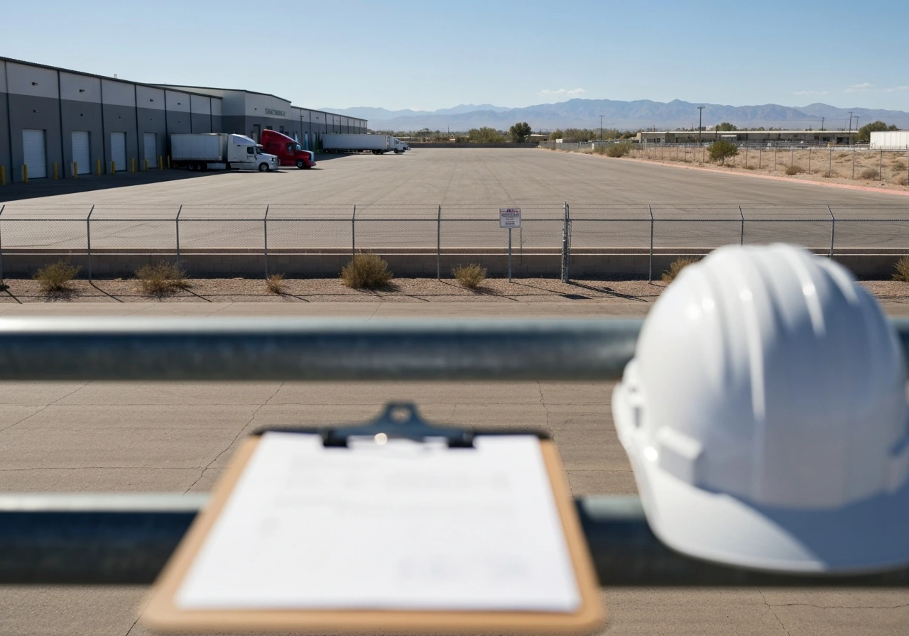 Minimal Western industrial logistics yard with warehouse, semi-trucks, and a hardhat on a rail.