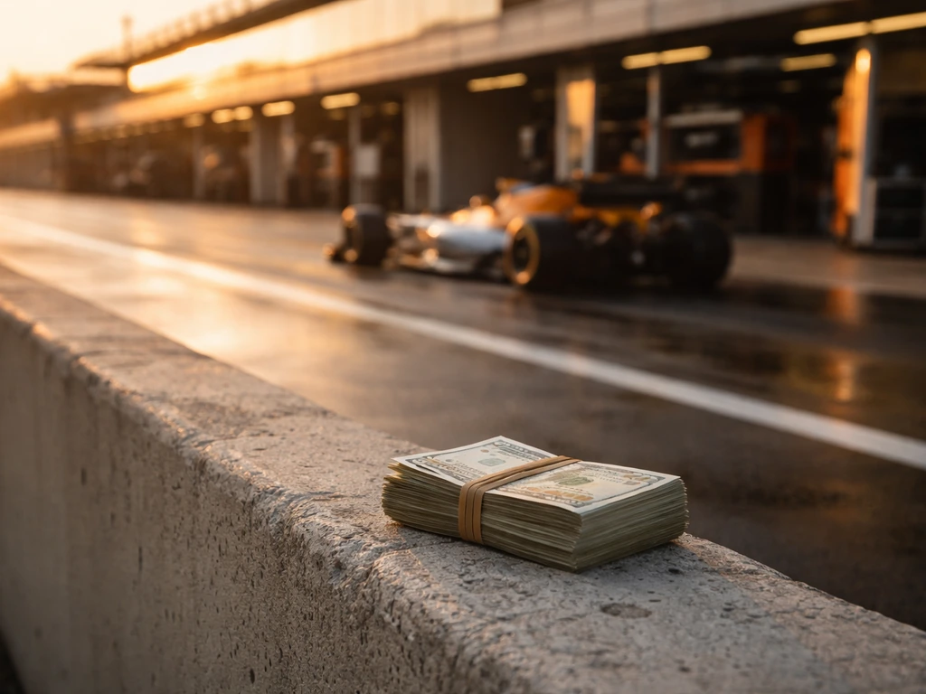 Minimal pitlane scene with a wrapped bundle of cash and a distant F1 car, symbolizing a net worth range.