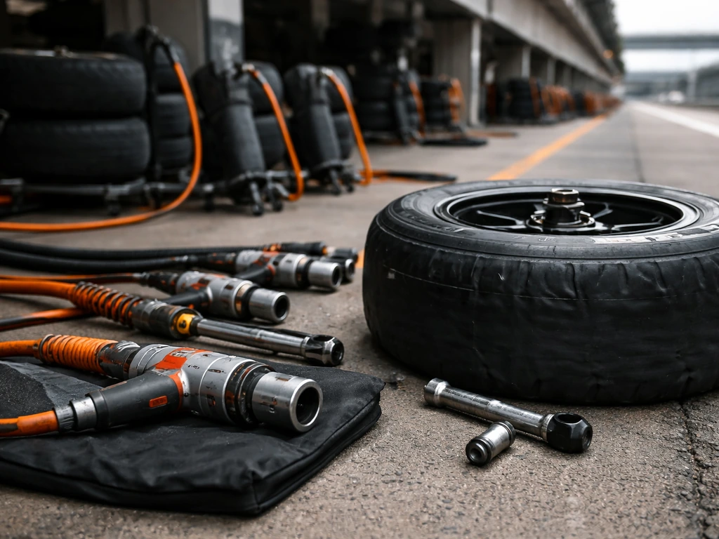 Mechanic’s hands working on an F1 pit lane wheel impact tool in a quiet McLaren-style garage
