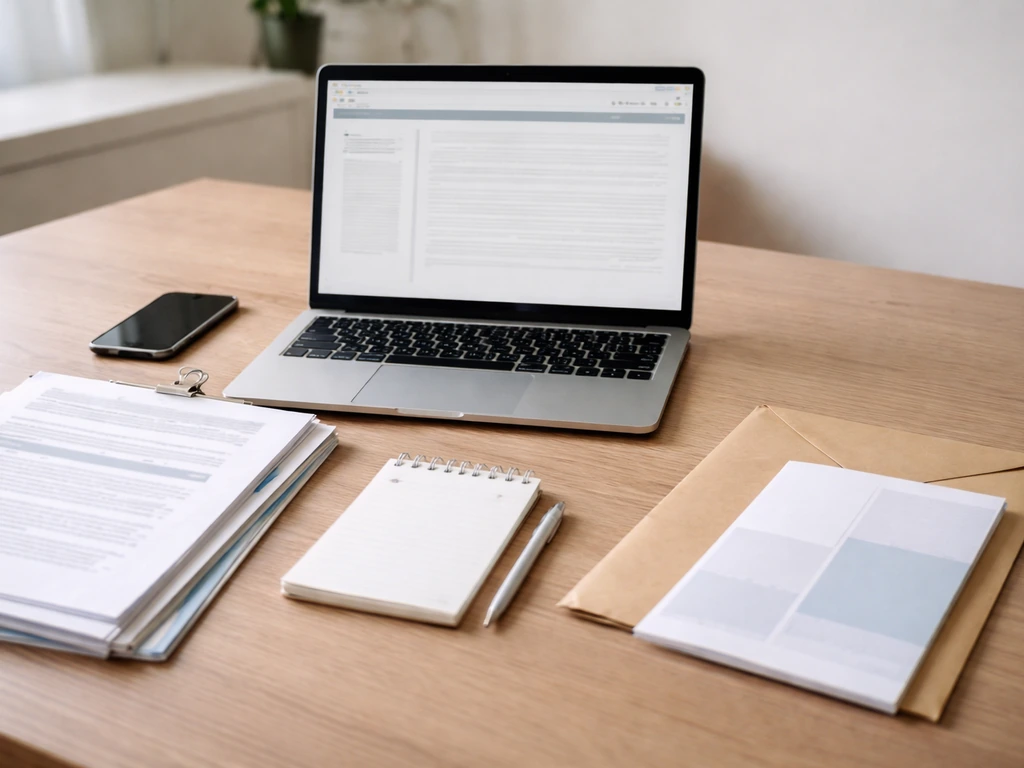Minimal desk scene with laptop and documents suggesting source checking vs ignoring unneeded materials.
