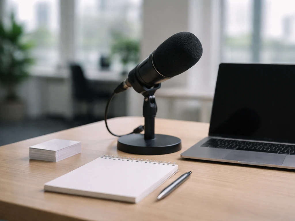 Anonymous office scene with a microphone and neatly stacked business cards, symbolizing corporate leadership