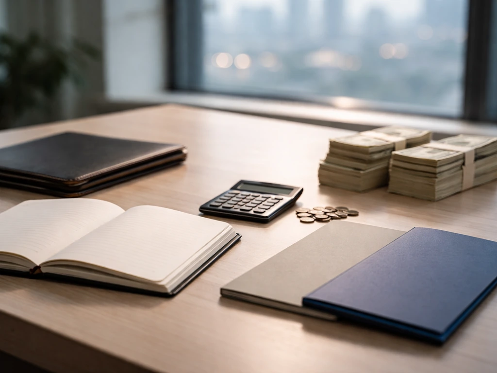 Minimal photo of a finance desk with a calculator, cash, and two open folders suggesting a money estimate range