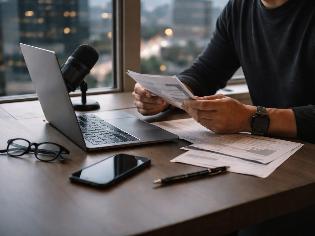 Anonymous fintech founder reviewing documents at an Atlanta office desk with laptop and phone, no readable text.