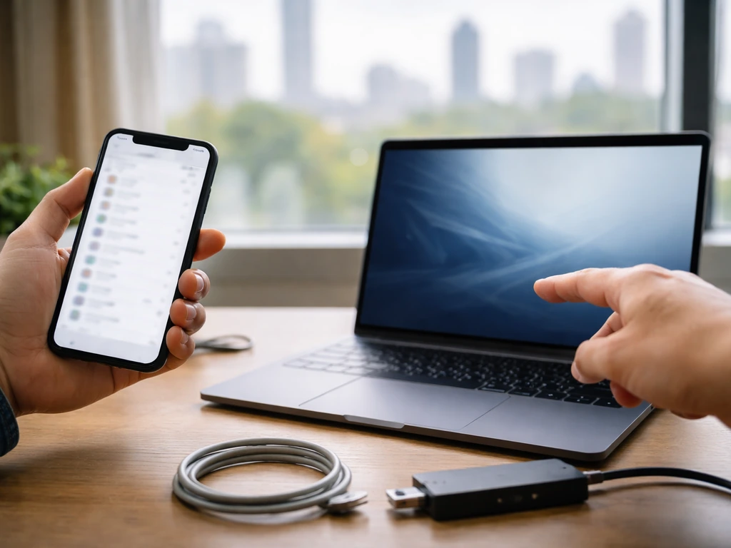 Hands on a desk with a laptop and blurred phone contacts, conveying two different Marc Gorlin identities.