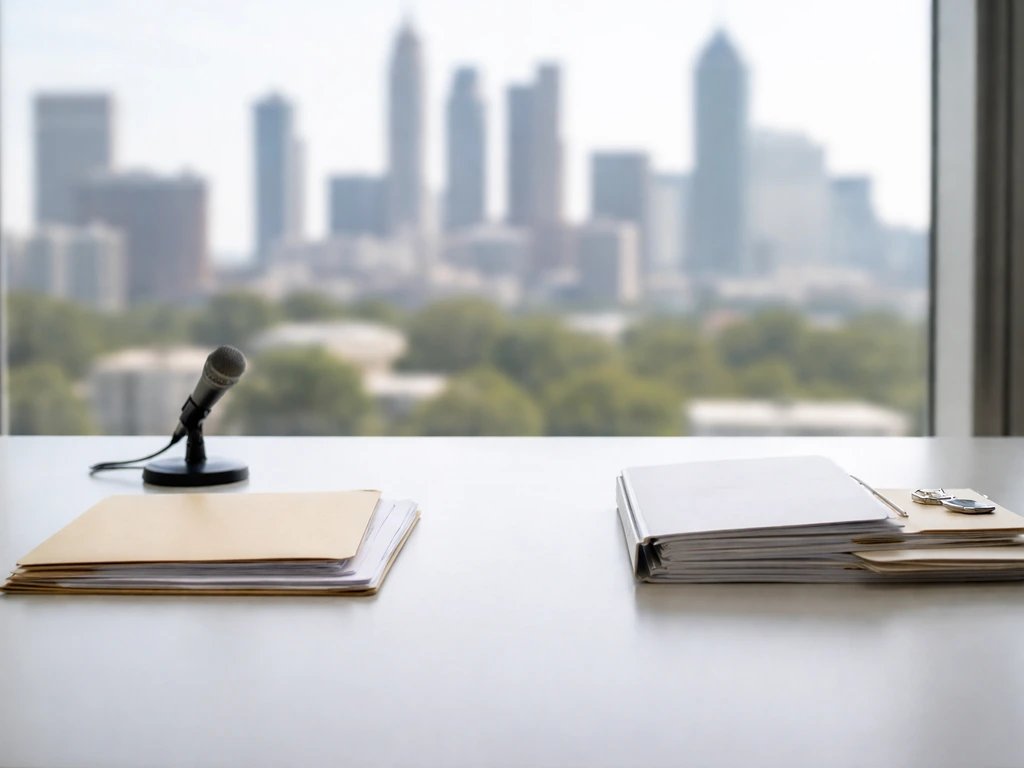 Minimal office desk with unlabeled documents on left and contract papers on right, symbolizing public vs private net wor