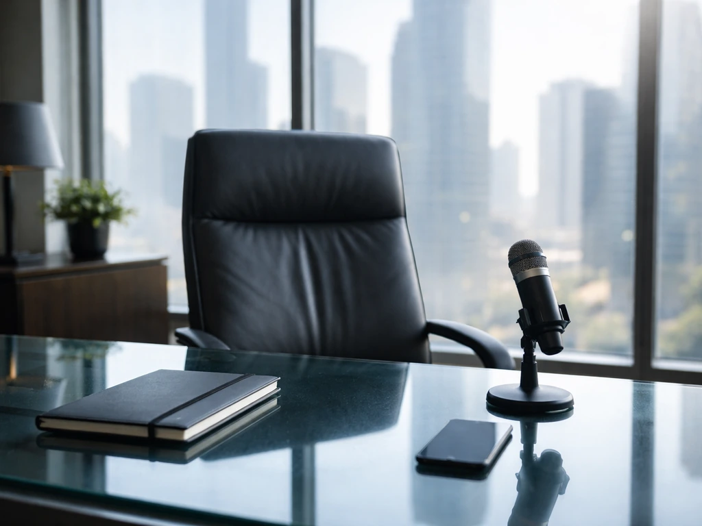 Empty executive office desk with a microphone and blurred city skyline, suggesting DigitalBridge CEO leadership.