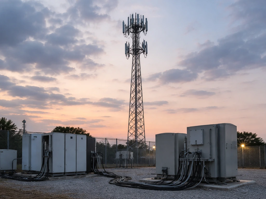 Telecom tower facility at dusk with nearby equipment cabinets, symbolizing a major deal exit.