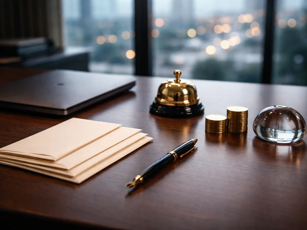 Minimal office desk scene with laptop, pen, envelopes, and coins symbolizing salary and equity compensation.