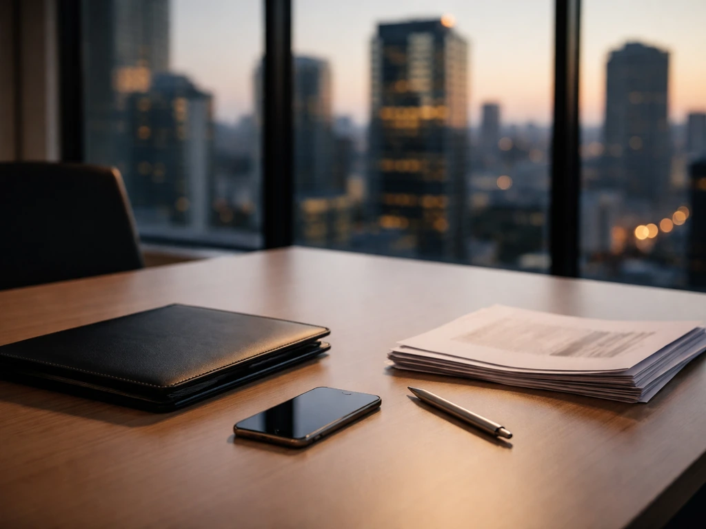 Empty corporate desk with portfolio, smartphone, and reports by a window overlooking the city at dusk.