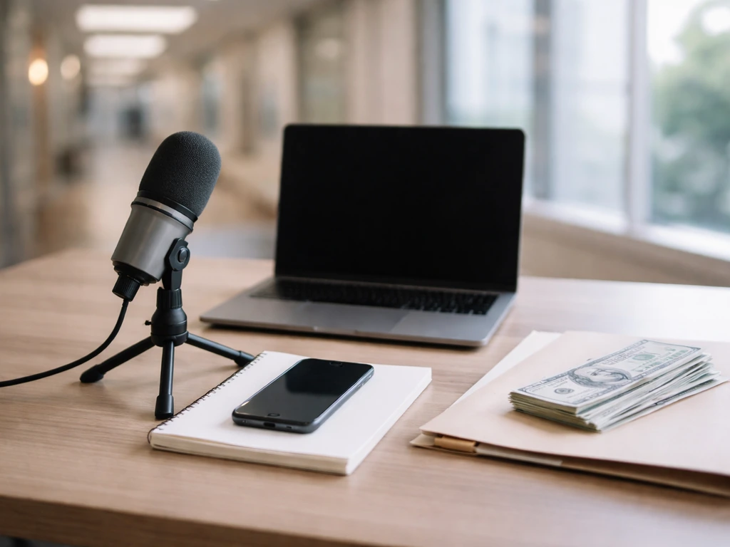 Minimal desk scene with studio microphone, smartphone, and money symbolizing healthcare communications and net-worth ana