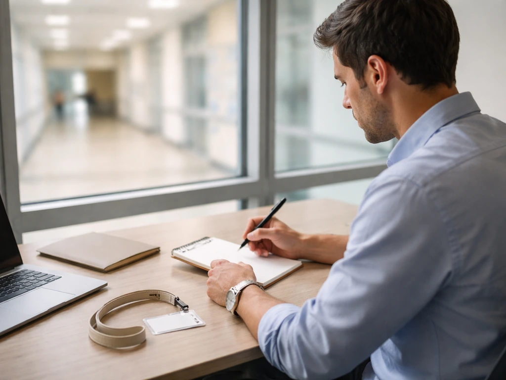 Marketing professional in a healthcare communications office with a softly lit hospital corridor backdrop