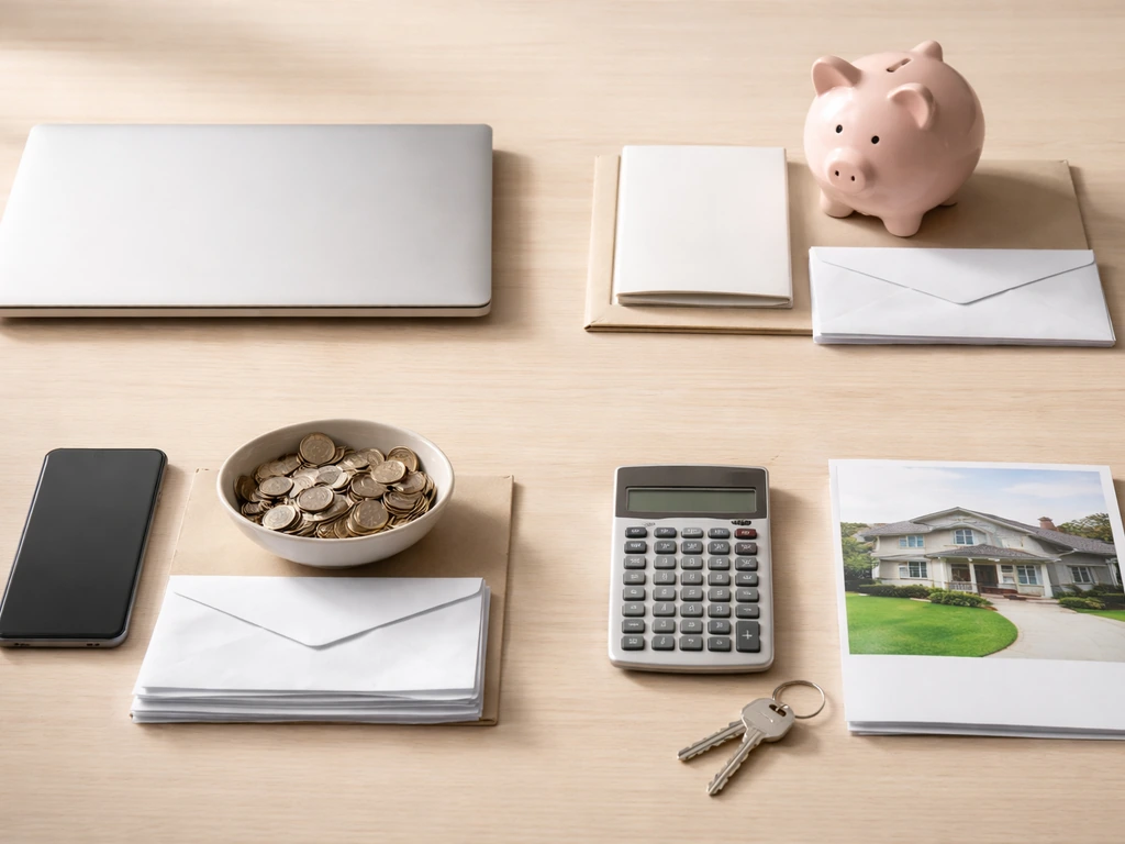 Minimal desk photo with objects symbolizing salary, retirement, investments, and real estate.