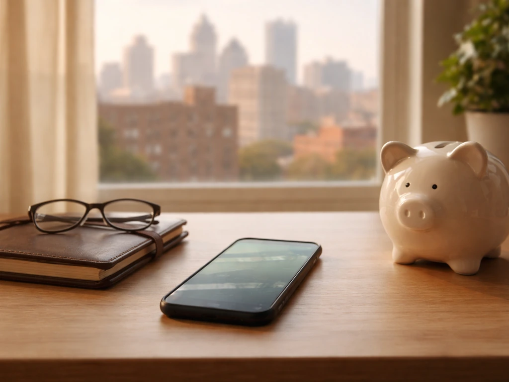 Minimal home office desk with phone glow and piggy bank, hinting long-term retirement investing.