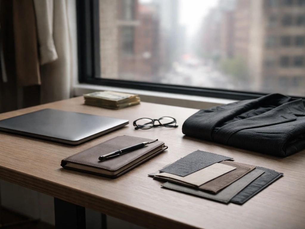 New York fashion studio desk with a laptop, notes, and a neatly folded suit jacket, suggesting creative finance research