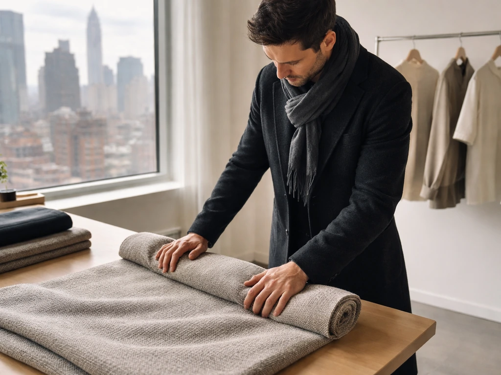 Anonymous fashion creative director in a bright NYC showroom examining textured fabric near a window.