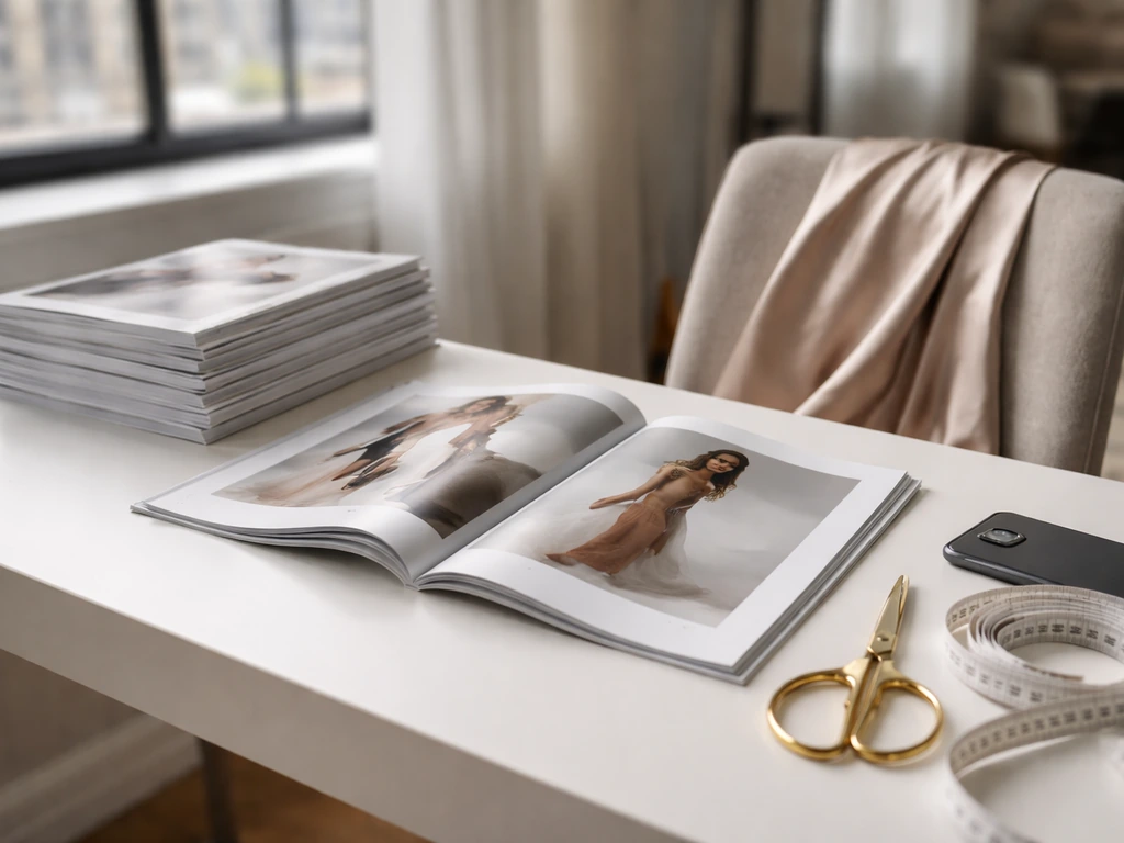 Fashion magazine studio desk with runway-inspired styling items and soft morning light