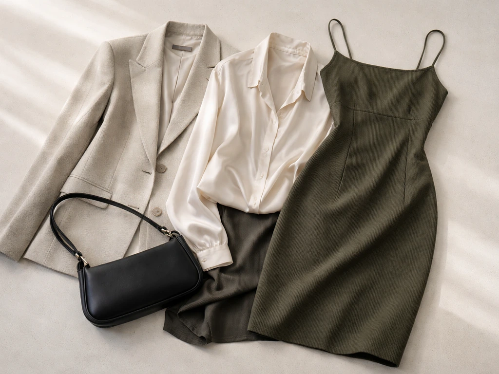 Still Kelly fashion collection pieces laid out neatly on a minimalist neutral studio surface