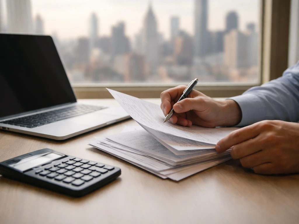 Person at a desk reviewing financial documents with a laptop and calculator, symbolizing net worth verification.