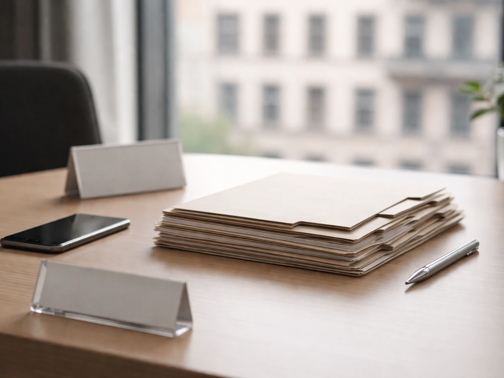 Quiet desk with business documents, a smartphone, and a blurred city office backdrop suggesting corporate records.