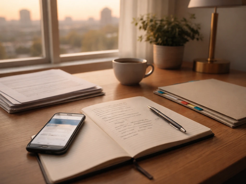 Minimal desk scene with documents and a phone, suggesting career-to-wealth mapping.