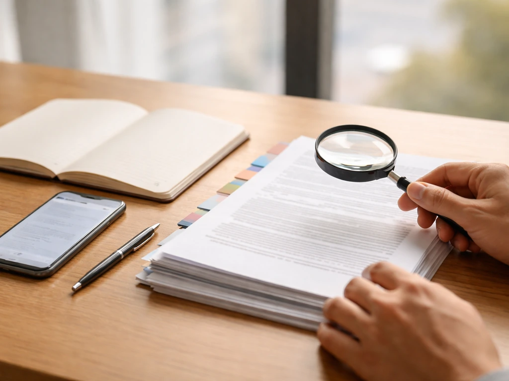 Anonymous hands using a magnifying glass over blank business documents on a sunlit office desk.