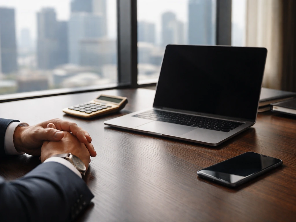Anonymous CEO-style executive desk scene with laptop, calculator, and city skyline in soft daylight