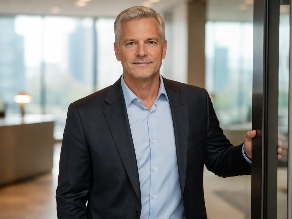 Marc Swanson in a modern office lobby in executive attire, city skyline blurred in the background.
