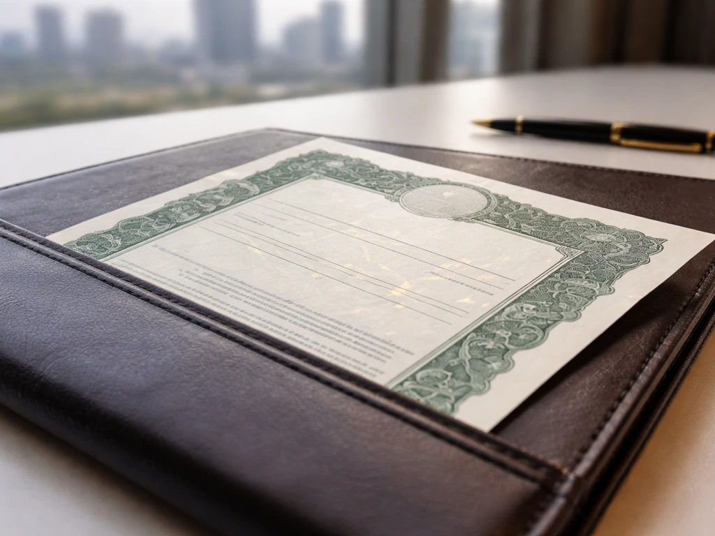 Close-up of a stock certificate on a desk with a blurred city view, symbolizing equity holdings.