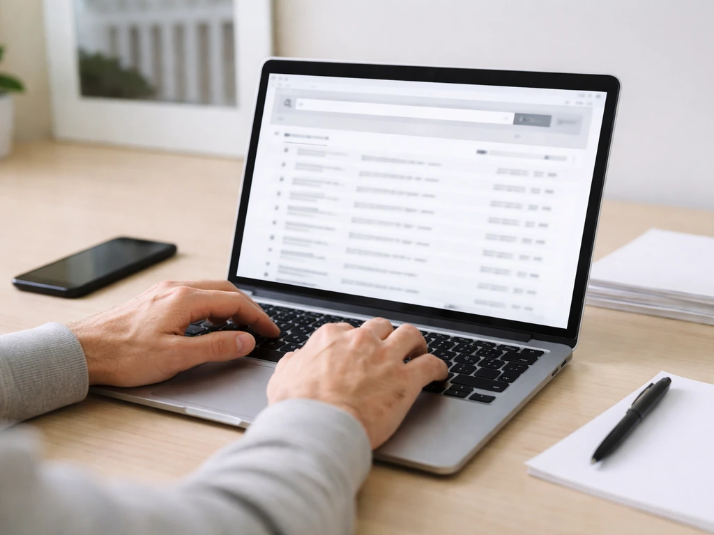 Lone desk setup showing an anonymous laptop browsing SEC EDGAR style documents for public financial filings