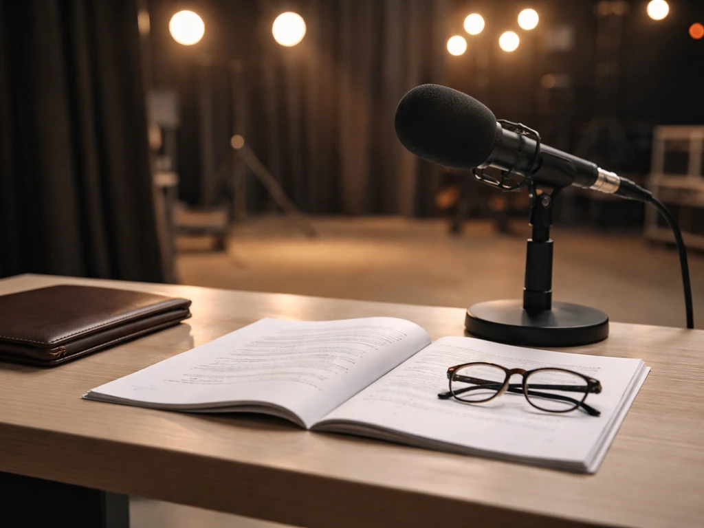 An actor-themed film studio desk with a script, microphone, and a subtle upscale ambiance symbolizing TV earnings.