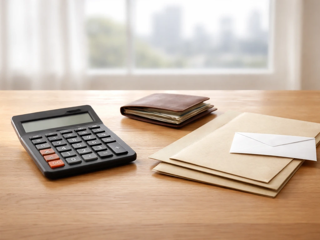 Desk scene with a calculator, cash, and documents to symbolize assets minus liabilities
