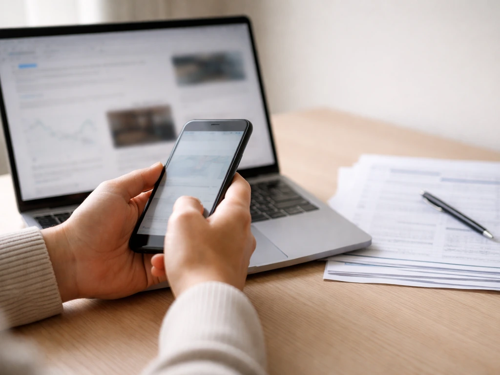 Hands checking a smartphone and open laptop with blurred finance/news pages on a simple desk.