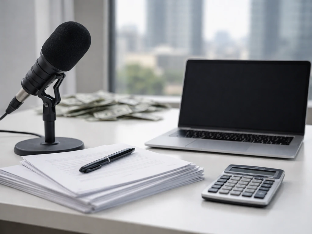 Minimal media office desk with microphone, blank contracts, calculator, and subtle money context