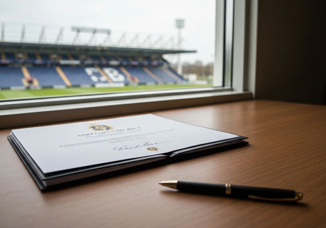 Close-up of a signed contract folder and pen on a desk with a stadium view through a window.