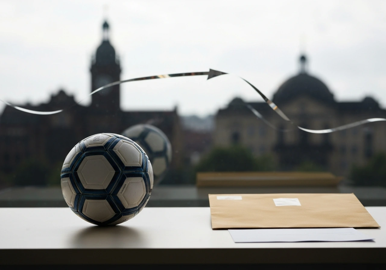 Minimal scene showing a transfer-fee mood: soccer ball on a desk near a contract envelope with city skyline blur