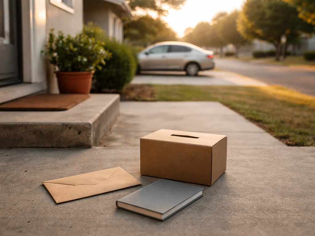 Quiet residential home exterior with a plain envelope and donation box silhouette, privacy-themed generosity.