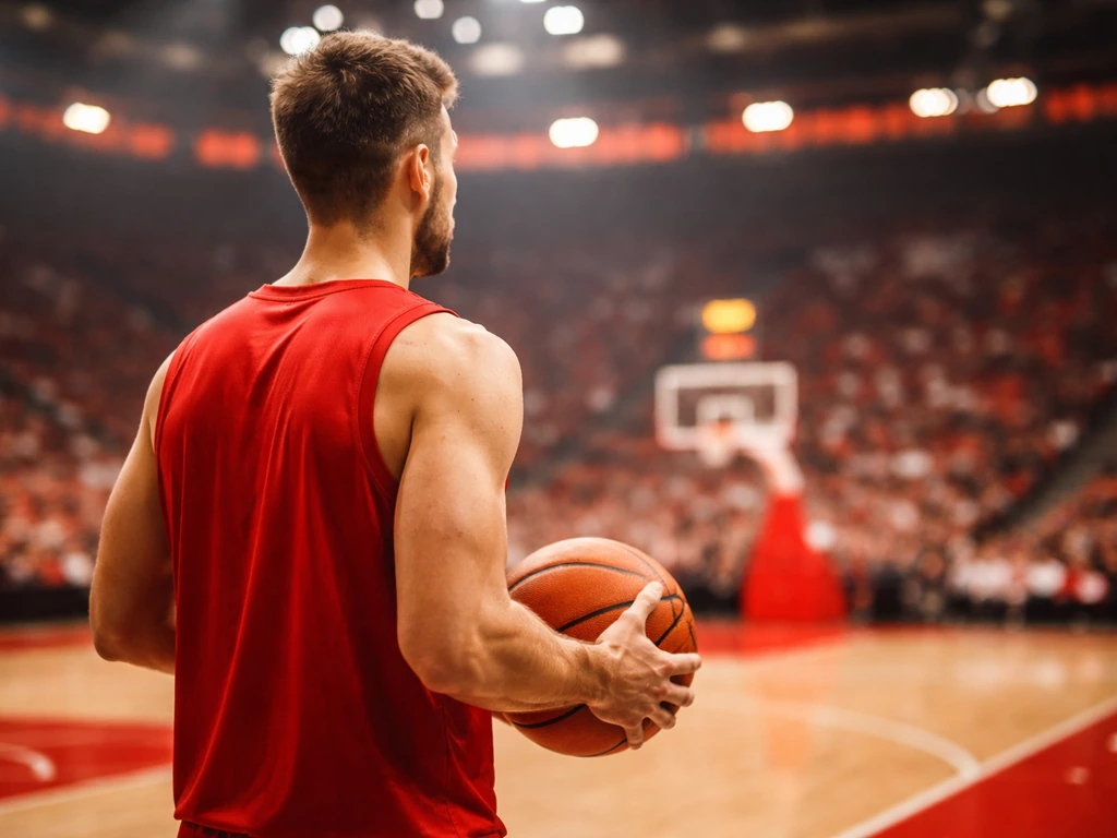 Anonymous basketball player in a red jersey holding a basketball in a Serbian arena setting.