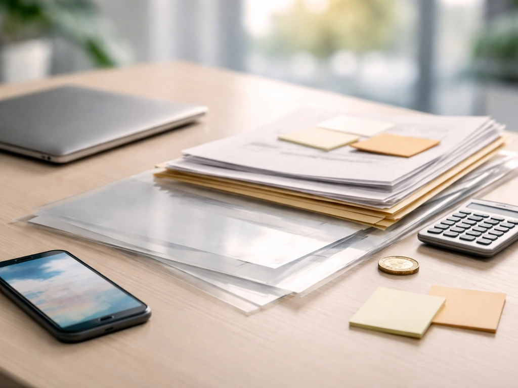 Minimal office desk with layered documents, calculator, and coins suggesting a contract-to-benchmark estimation workflow