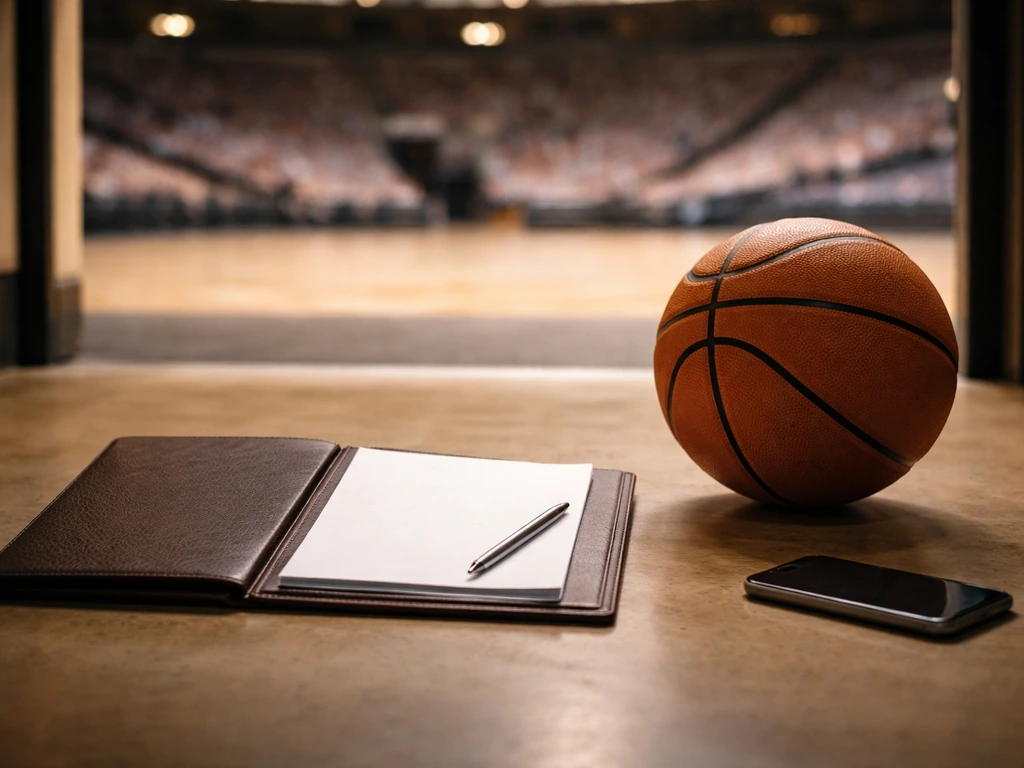 Basketball contract theme: basketball near an arena doorway with a sports contract folder and a phone