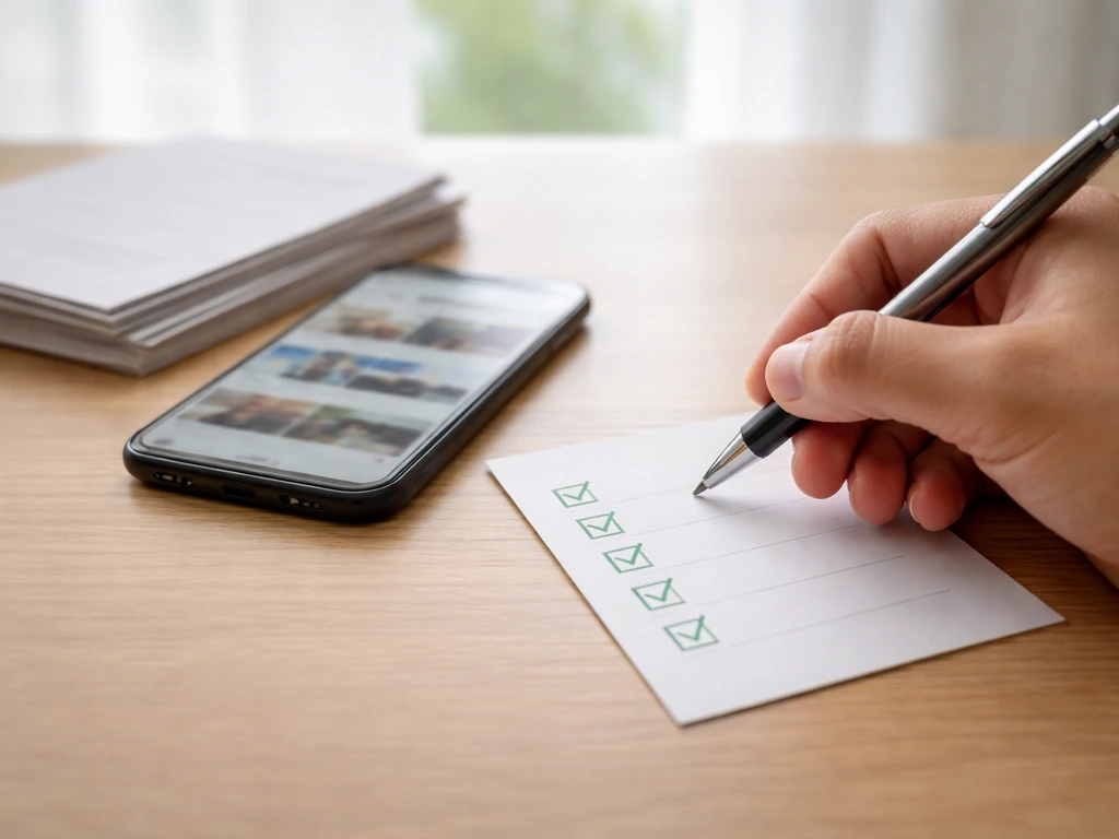 Minimal desk scene with checklist cards and a smartphone showing news-style headlines without readable text.