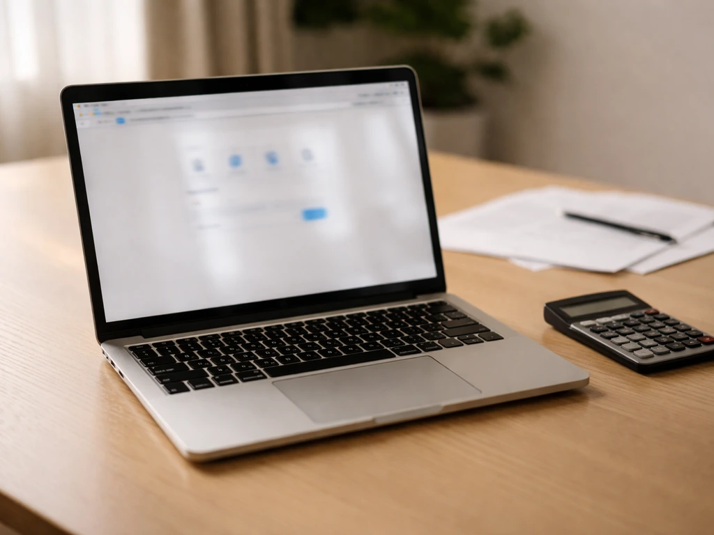 Open laptop and calculator on a desk, suggesting research and verifying a celebrity net worth estimate.