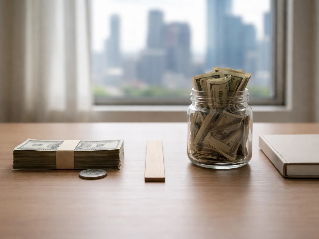Minimal desk photo with cash and a glass jar symbolizing a net worth range and currency.