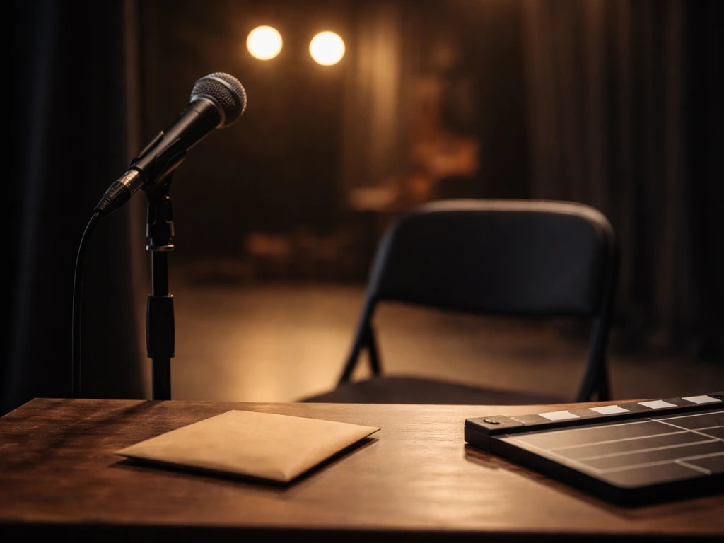 Empty theatre studio scene with a microphone and small cash envelope, symbolizing performance income